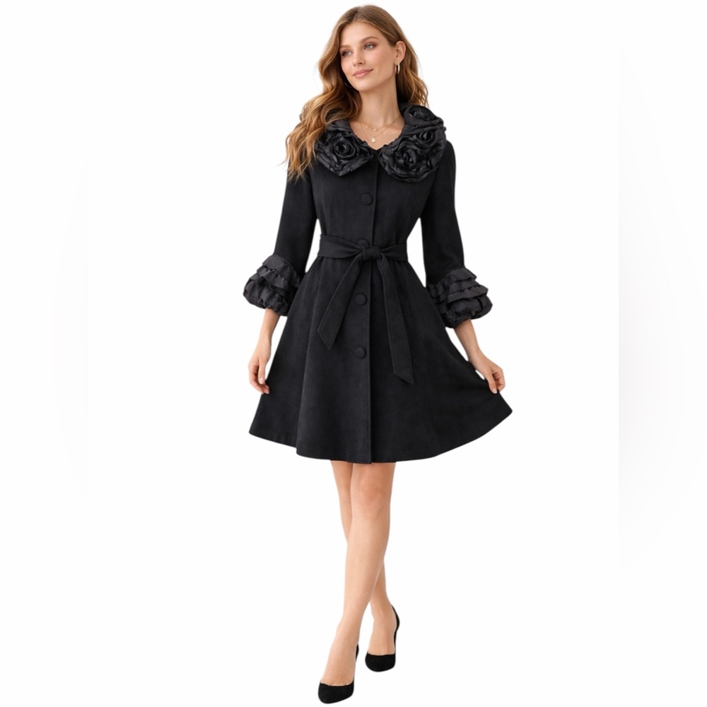 Anthropologie | Ryu – Rosette Collar Wool Blend Coat – Black – Belted – Sz. S